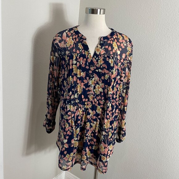 Cocomo Woman Plus 2X Floral Blouse Roll Tab Sleeve Tunic Top Stretch Mesh Shirt - Picture 1 of 9
